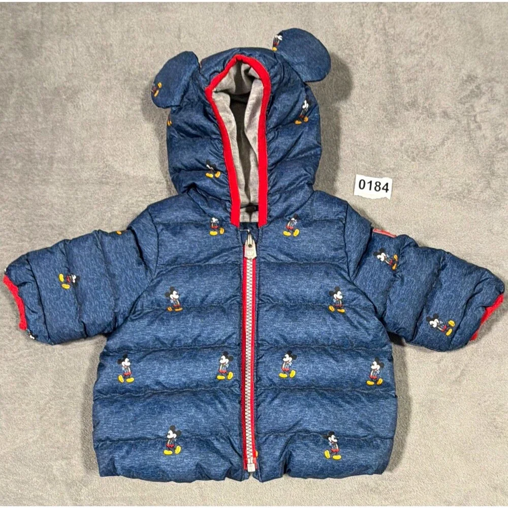Baby Gap Disney baby Mickey Mouse Hooded Full Zip Puffer Jacket Blue/Red 0-3M.